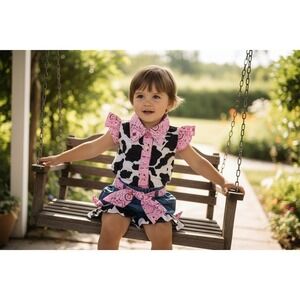 Lefyira Girls Cowgirl Baby Outfit Denim & Cow Print Set western 2T no tags